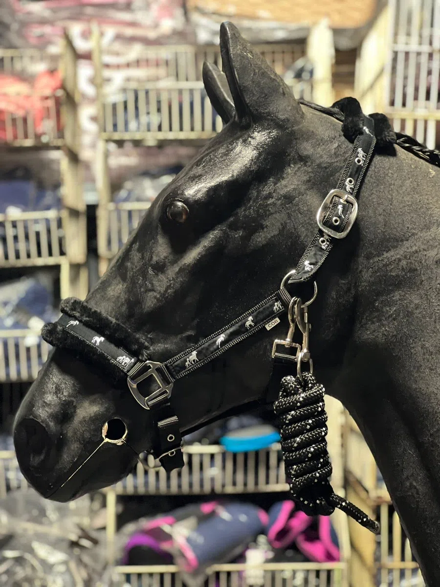 Collari Imbottiti in Nylon con Stampa di Cavallo con Corda di Piombo Abbinata Nera (Piccolo Pony)