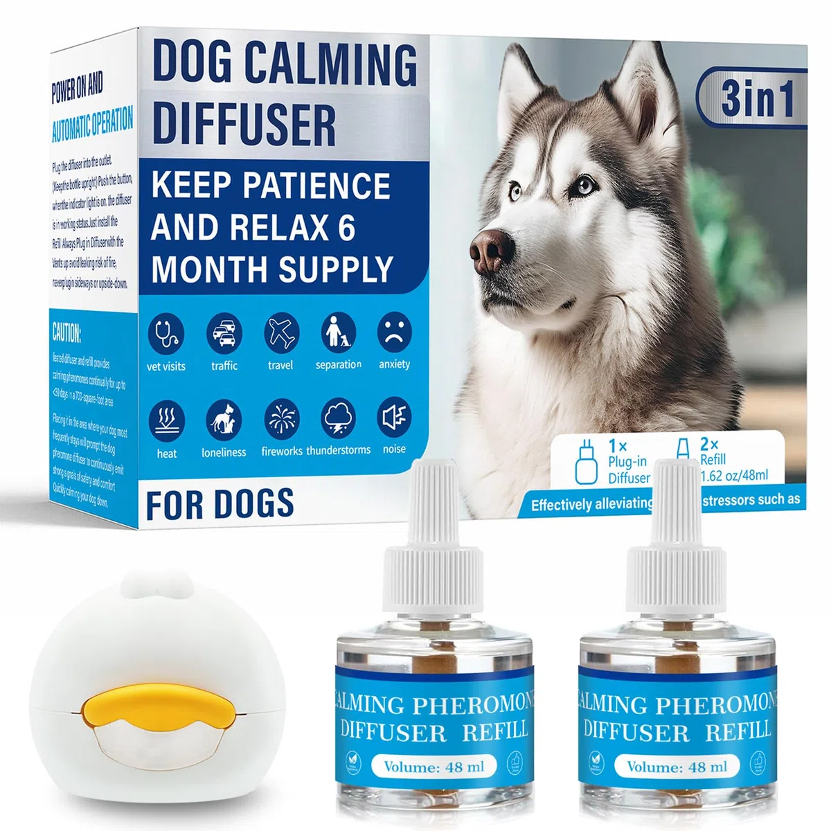 Diffusore Calmante di Feromoni per Cani, 1 Diffusore + 2×48ml Ricariche, Profumo Erboristico, Calma Ansietà di Separazione/Temporale/Fuochi Artificiali, Ferma Abbaiai/Mordicchi/Marche