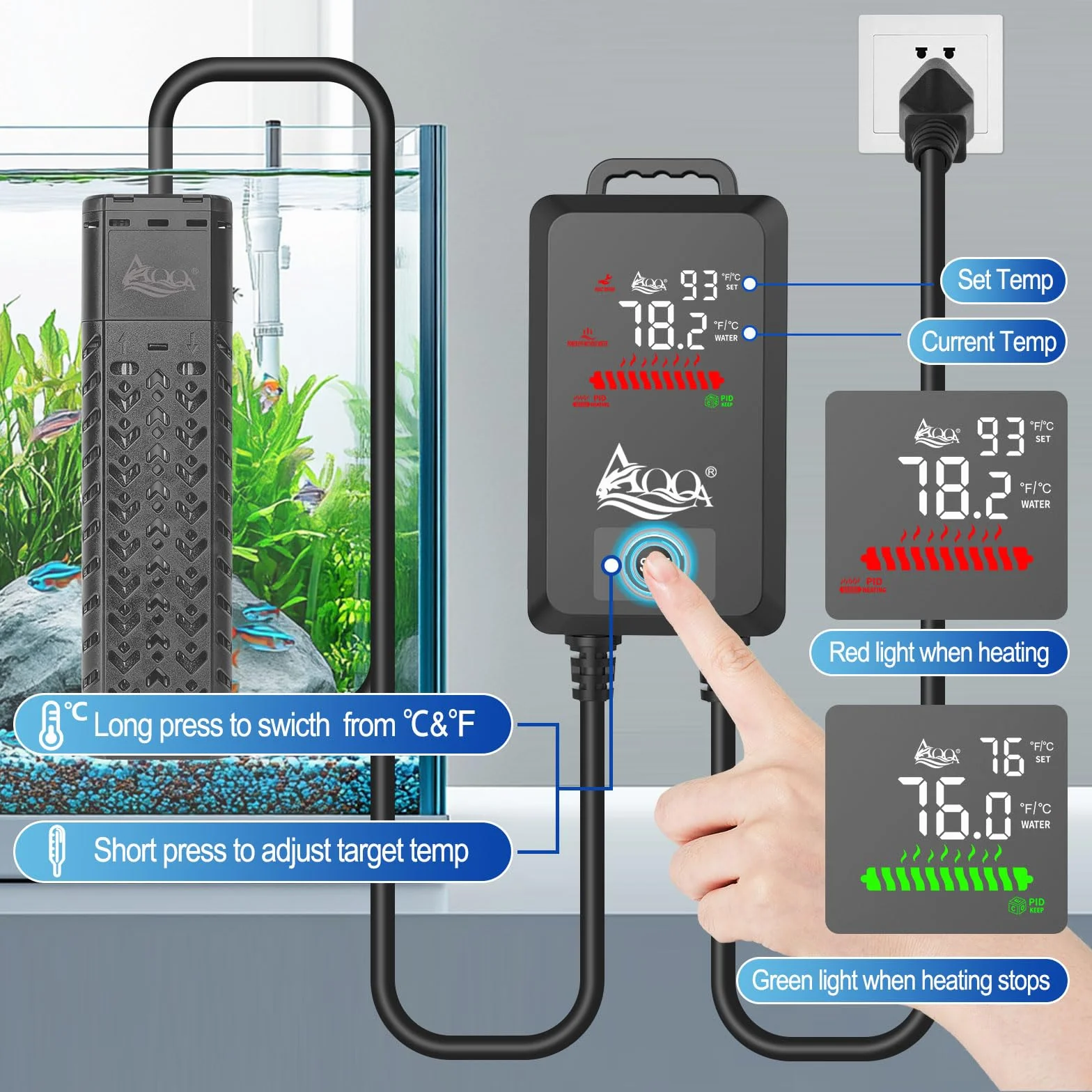 AQQA Riscaldatore per acquario, 500 W, barra riscaldante regolabile per acquari, con display digitale esterno, controller LED per 100 – 300 l