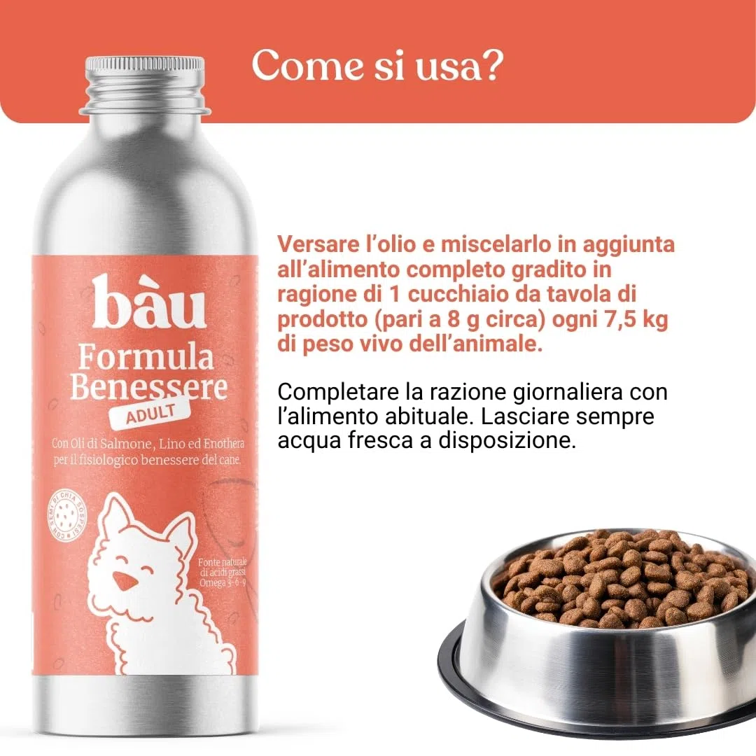 Bau Olio di Salmone per Cani Adulti con Semi di Lino ed Enotera – Omega 3 e 6 Naturali – Supporto per Pelle, Pelo Lucido e Vitalità – Integratore Liquido per Cani - Adulti