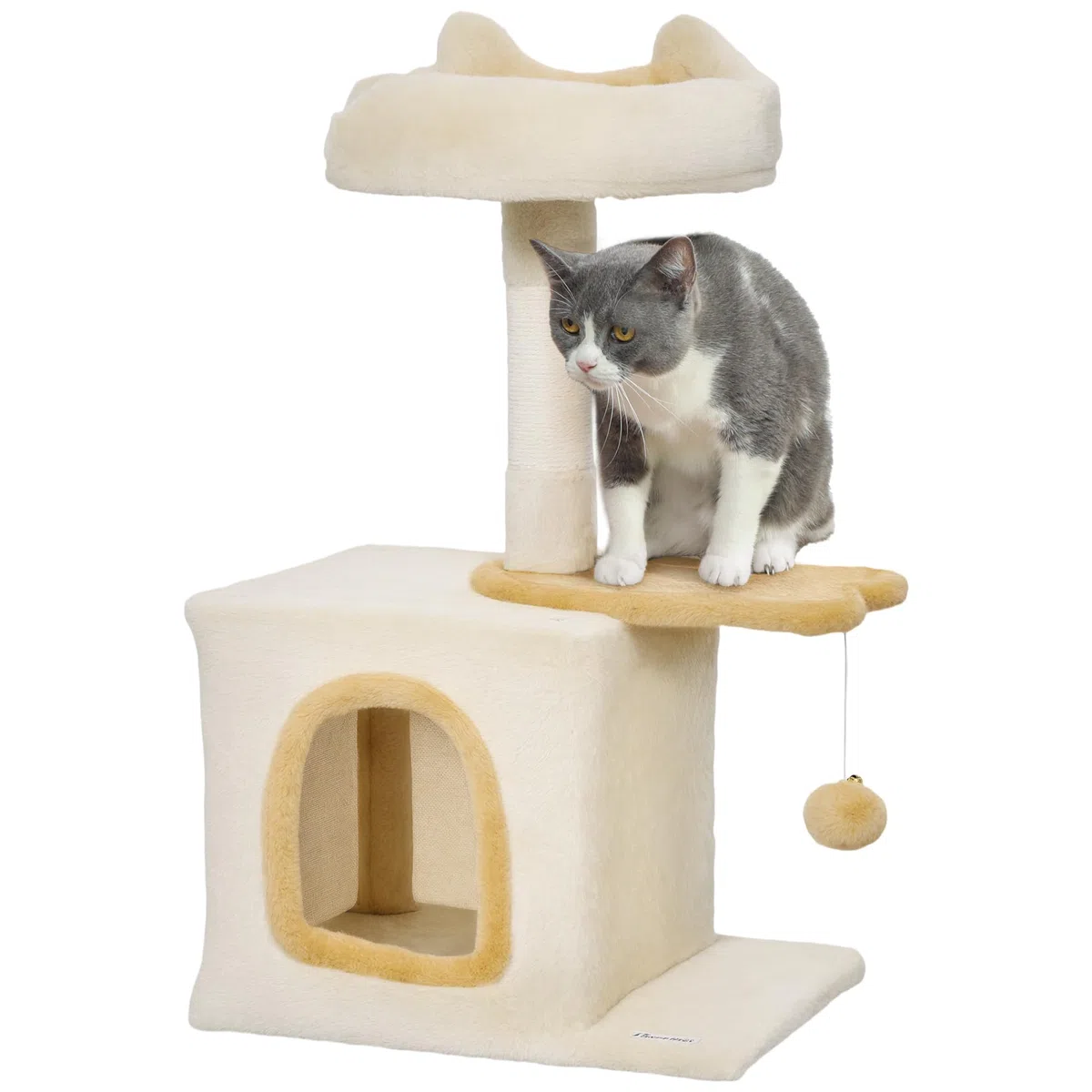 PawHut Albero Tiragraffi per Gatti con Posatoio e Casetta, Torre per Gatti in Truciolato, Peluche, cotone PP e Sisal, 40x30x72 cm, Beige e Giallo