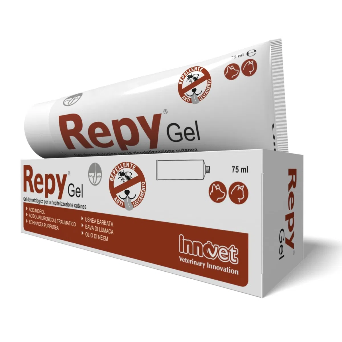 Innovet Repy Gel - Gel Dermatologico per la Riepitelizzazione Cutanea in Caso di ferite – per Cani e Gatti. Nuova Formula ad Azione Repellente ed Anti-Leccamento – Confezione Tubo 75ml