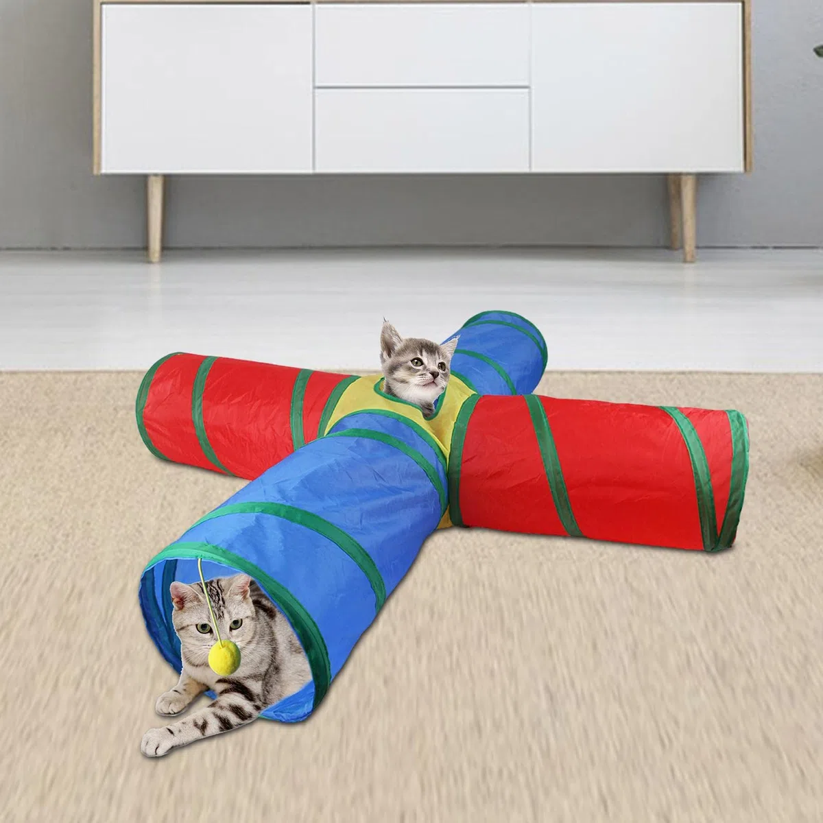 Tunnel per gatti interni, giocattolo tunnel di gatto - Tunnel gatti pieghevoli a 4 vie del gattino arcobaleno,Forniture per animali interattivi giocattolo per animali domestici con palla da gioco per