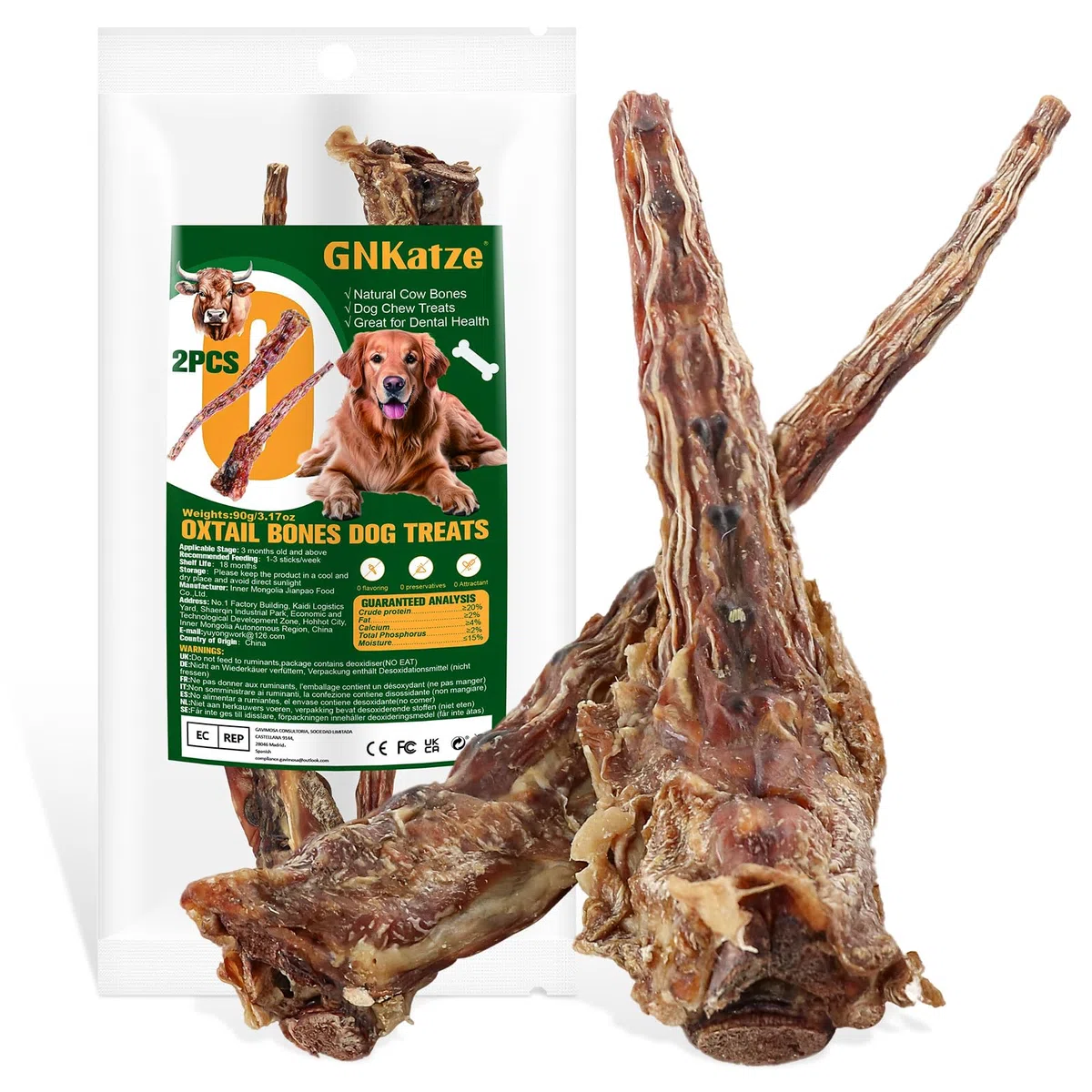 Ossi di coda di manzo naturali per cani - Masticatori dentali di lunga durata, privi di carne secca e digeribili, manzo allevato ad erba con un unico ingrediente (2 PCS)