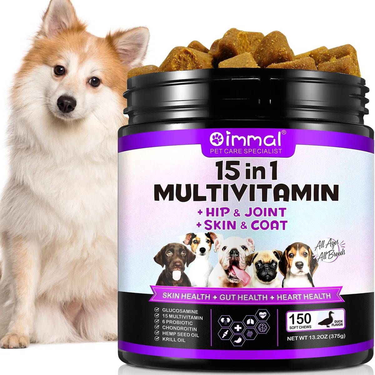 Multivitaminico 15 in 1 per cani - 150 snack masticabili con supporto per le articolazioni, salute digestiva, cuore, pelle e pelo - Vitamine per cani A, E, D3, B12 e minerali essenziali