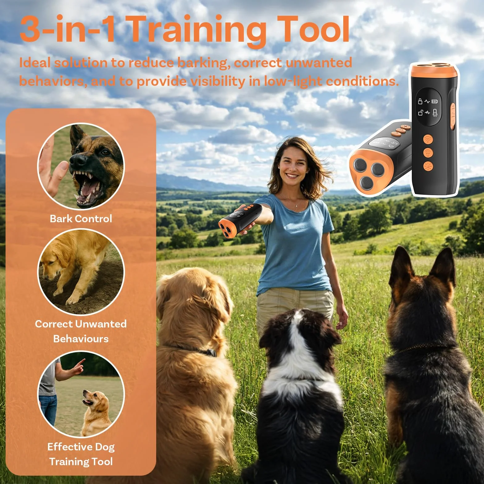 MMOBIEL Dispositivo Antiabbaio per Cani a Ultrasuoni Portatile con Bip, Torcia LED e Display – Silenziatore Ricaricabile con Blocco di Sicurezza – Uso Interno/Esterno – Nero