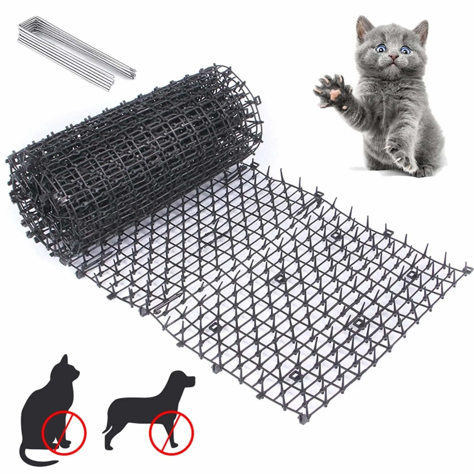 NEWFUN Tappetino Repellente per Gatti,Tappetino Deterrente per Cani con Picchi Rete Anti-Gatto,Picchi Rete Anti-Gatto per Protezione da Giardino,200 * 28 cm, con 8 Ancoraggi da Terra a Forma di U