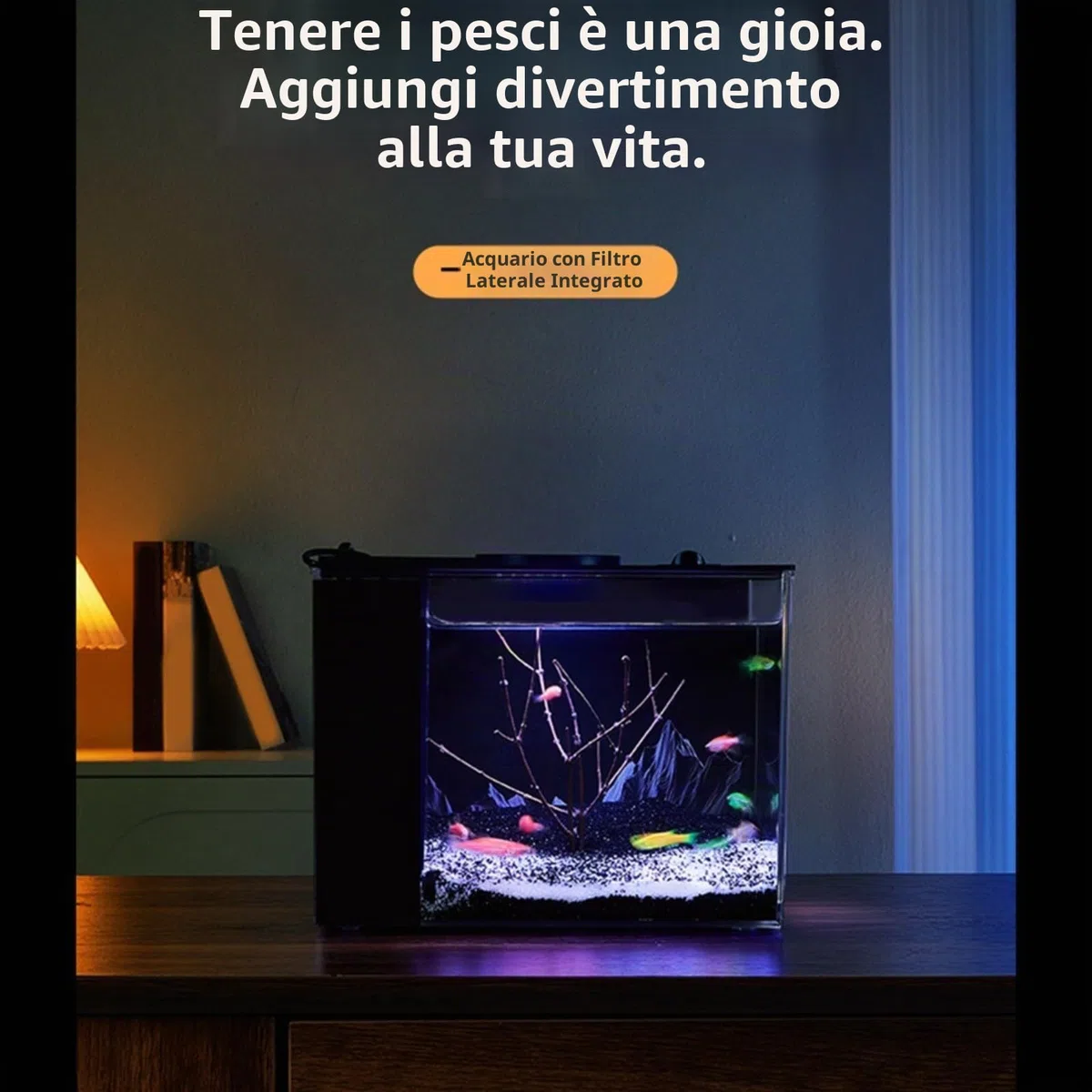 Acquario da tavolo per pesci per uso domestico con filtro laterale, filtrazione per migliorare l'ossigeno, pompa di flusso 160L/H, luminosità regolabile a 10 livelli e illuminazione a LED (S)