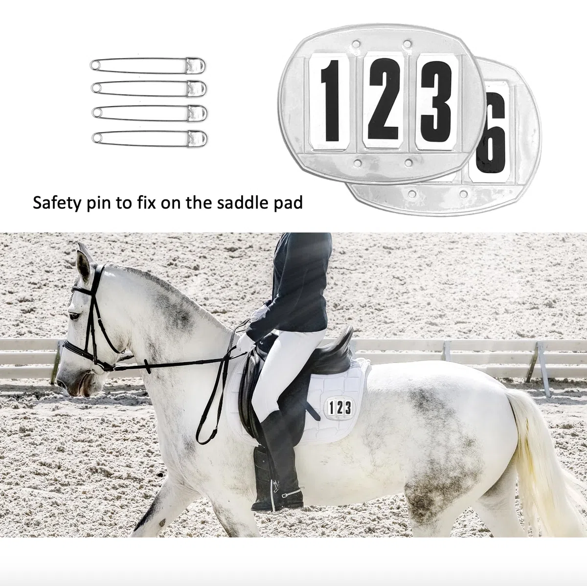 JA7001 JA Horse - Numero di inizio, numero di testa per torneo, coppia a 3 cifre, ordine a 4 cifre, numeri da torneo per cavallo, con spille da balia, elastico (3 cifre, spille di sicurezza)