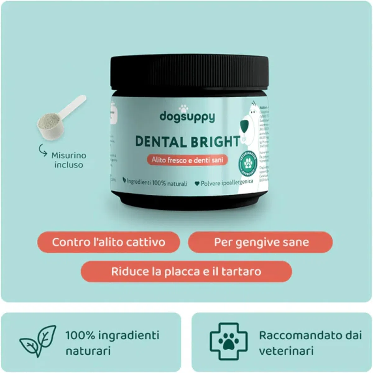 DogSuppy Dental Bright per Cani - Alito Fresco, Denti Bianchi, Riduce Placca e Tartaro, 100% Naturale, Formula 3-in-1, Senza Spazzolatura, Adatto a Tutte Le Razze