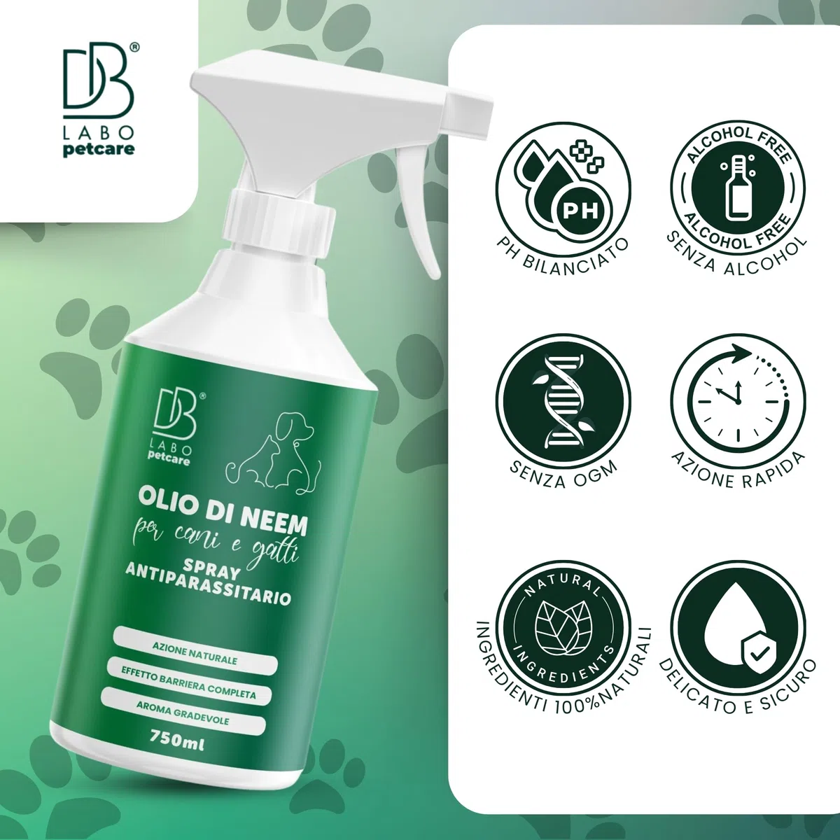 Db Labo - Olio Di Neem per Cani 750ml - Spray Olio Neem Repellente per Cani Sgradito a Zecche, Pulci, Zanzare e Insetti - Azione Naturale con Aroma Piacevole abbinabile a Repellente Antipulci