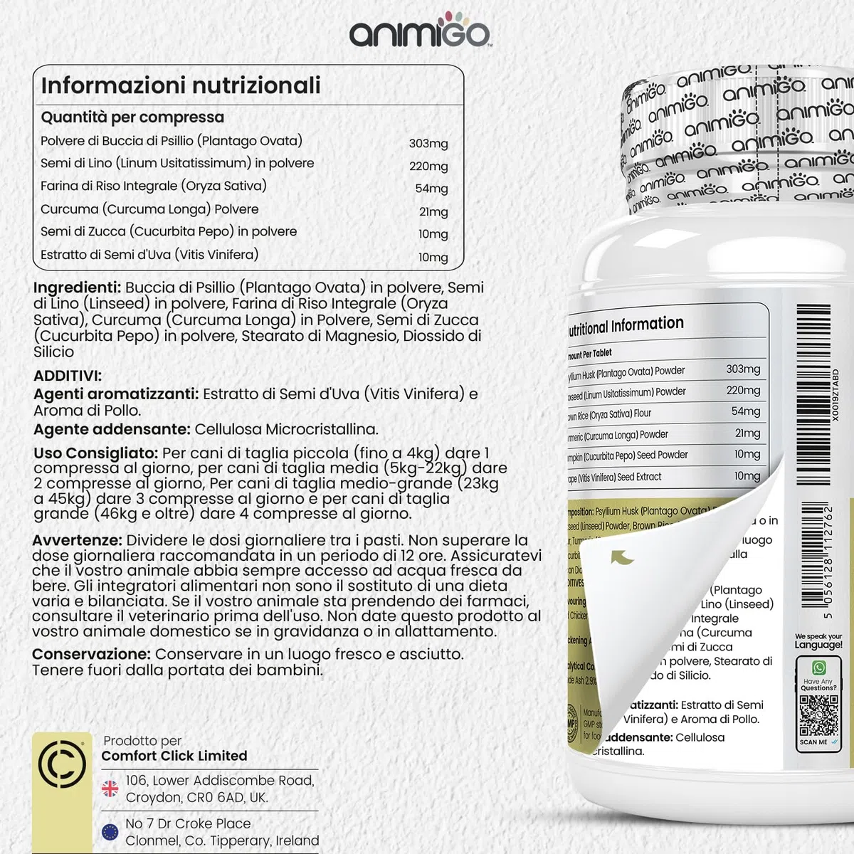 Integratore Cane per Allergie Cutanee, Ambientali, Alimentari e Dermatite Cane, 120 Compresse Gusto Pollo con Semi d'Uva, Semi Zucca, Buccia Psillio, Farina Riso Integrale, Curcuma per tutte le Razze