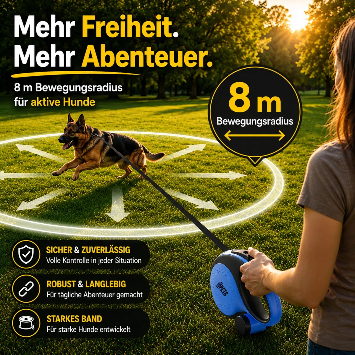 Guinzaglio per cani allungabile Retrattile 8m, con sacchetto per escrementi per canii fino a 50 kg, ideale per cani di taglia grande, media e piccola. (Blu, XL - 8m - fino a 50 kg)