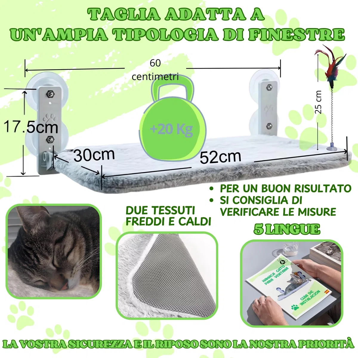 Amaca Gatto Finestra Pieghevole senza Cavi Letto per Gatto con Ventose Stabili Tappeto reversibile con Giocattolo Incluso Codice QR con Istruzioni e Video di Montaggio.