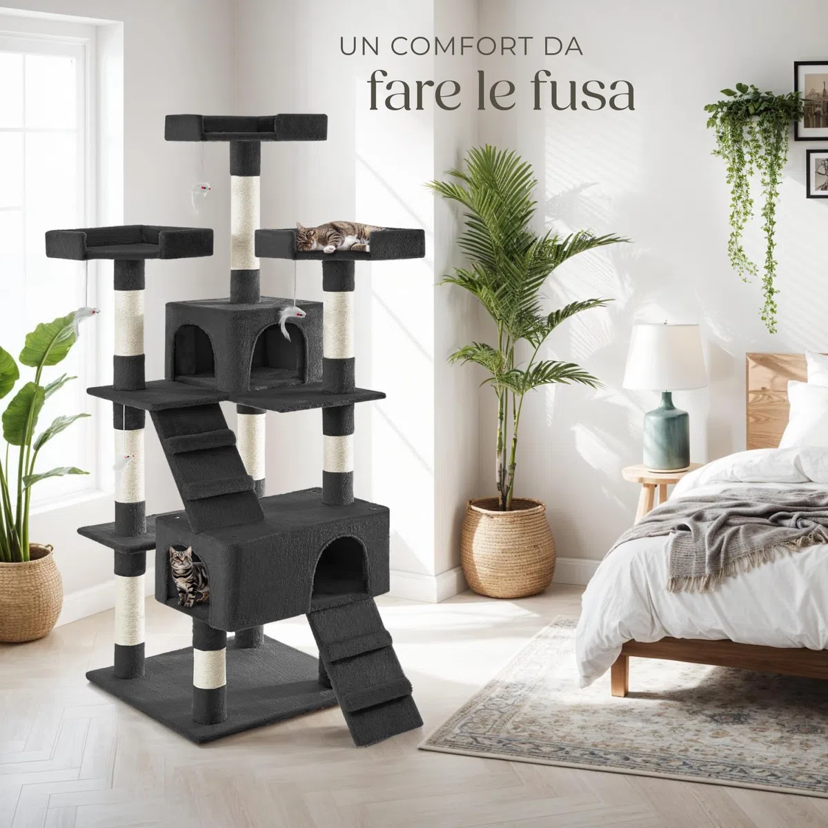 tectake® Tiragraffi per Gatti, Albero per Gatto con 2 Casette in Peluche, 4 Topolini da Gioco per Felini, 3 Piattaforme, Struttura Robusta, Tiragraffi felino a più Piani - Nero