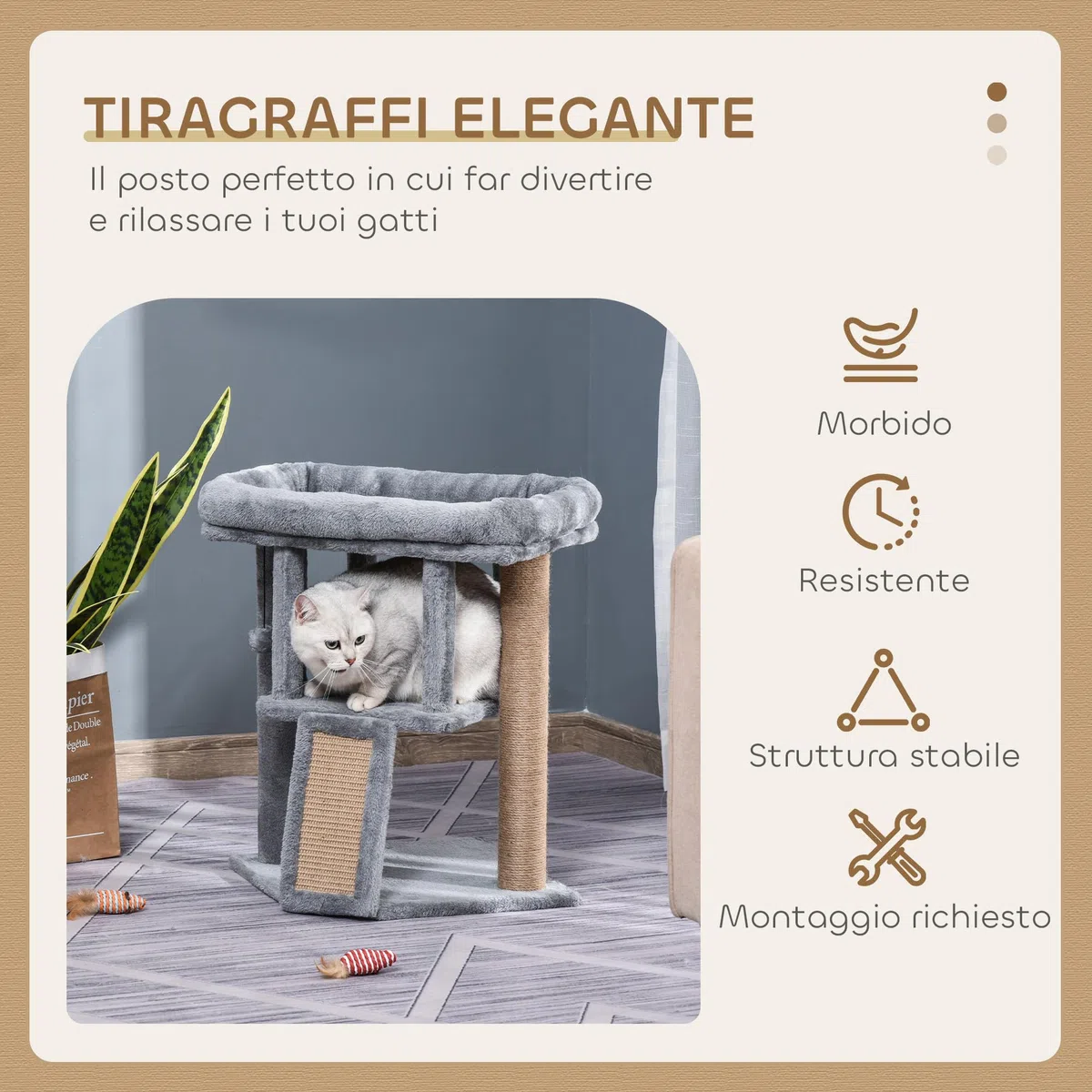 PawHut Albero Tiragraffi per Gatti Multilivello in Peluche con Casetta per Gatti e Lettino, Palestra per Gatto Tiragraffi in Juta e Pallina, Grigio