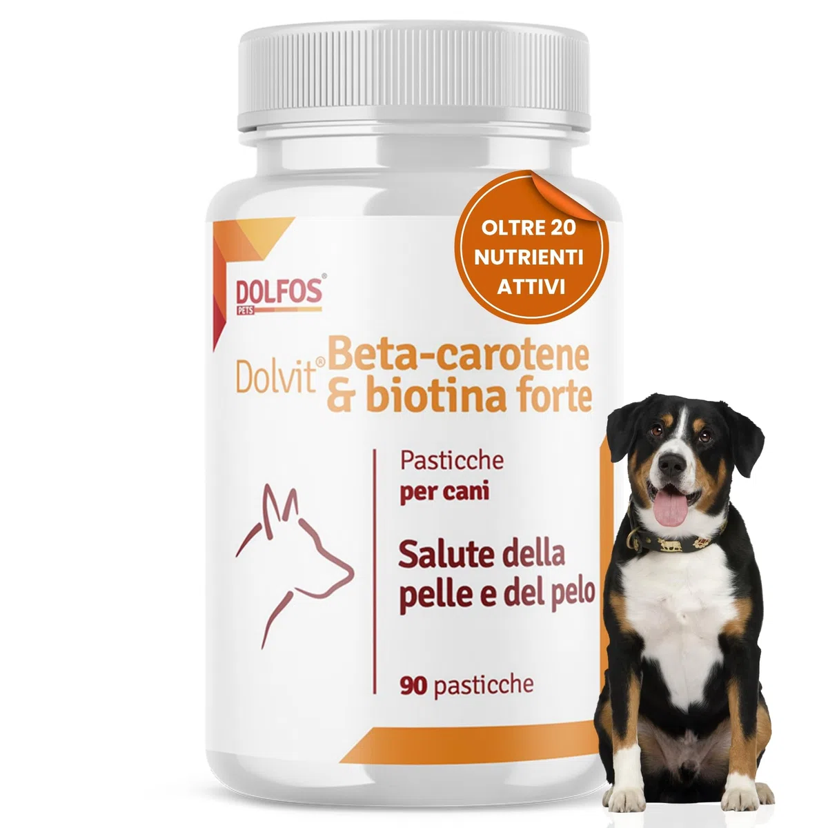Dolvit Beta Carotene & Biotin Forte 90 CPR, Integratore Pelo Cane e Vista, Antiprurito per Cani e Supporto per Dermatite, Beta Carotene Integratore con Biotina per Pelle e Pelo, Rimedi Dermatite Cane
