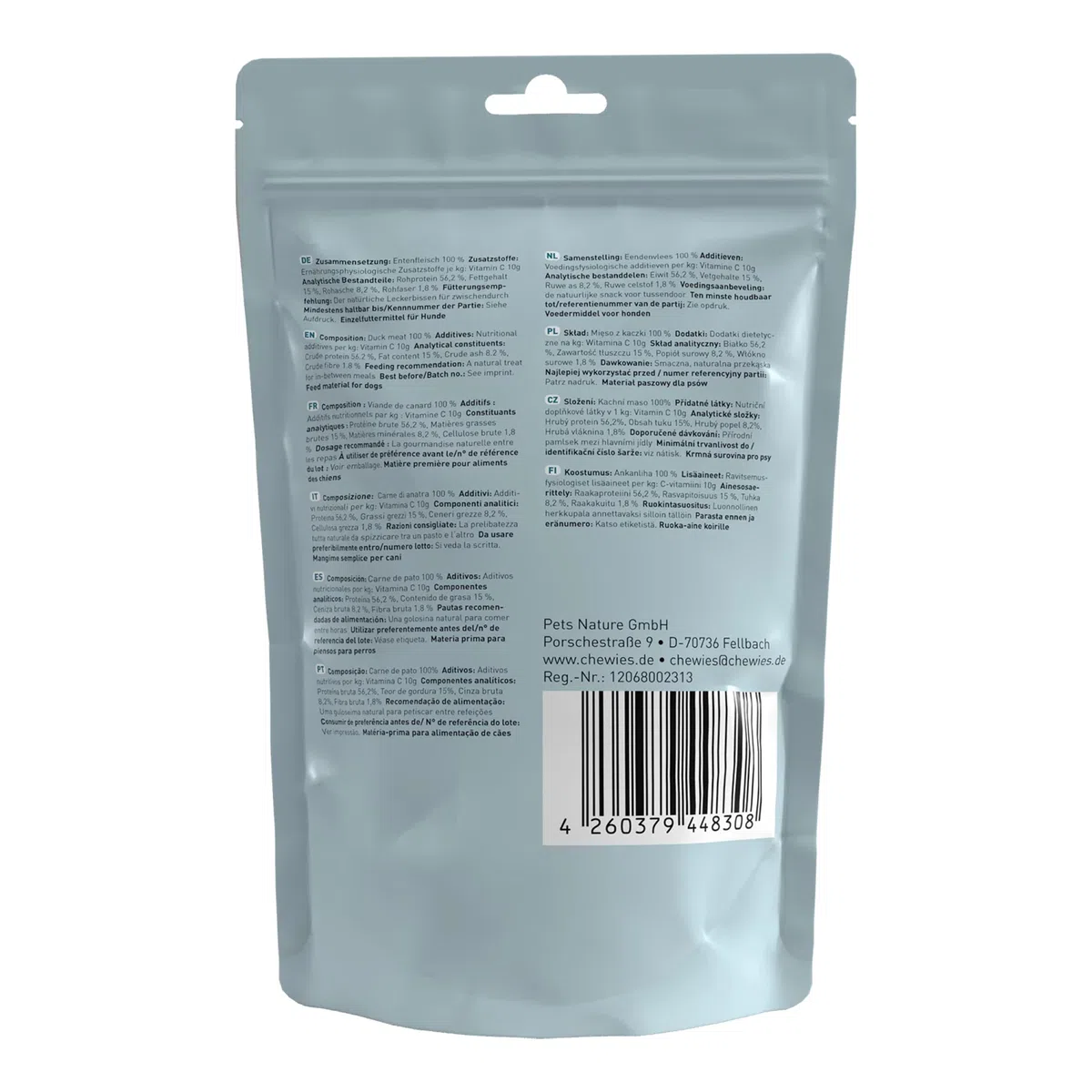 Chewies Maxi strisce di carne per cani in 100% carne di anatra, 4 x 150 g, anatre essiccate all'aria, senza zucchero e senza cereali