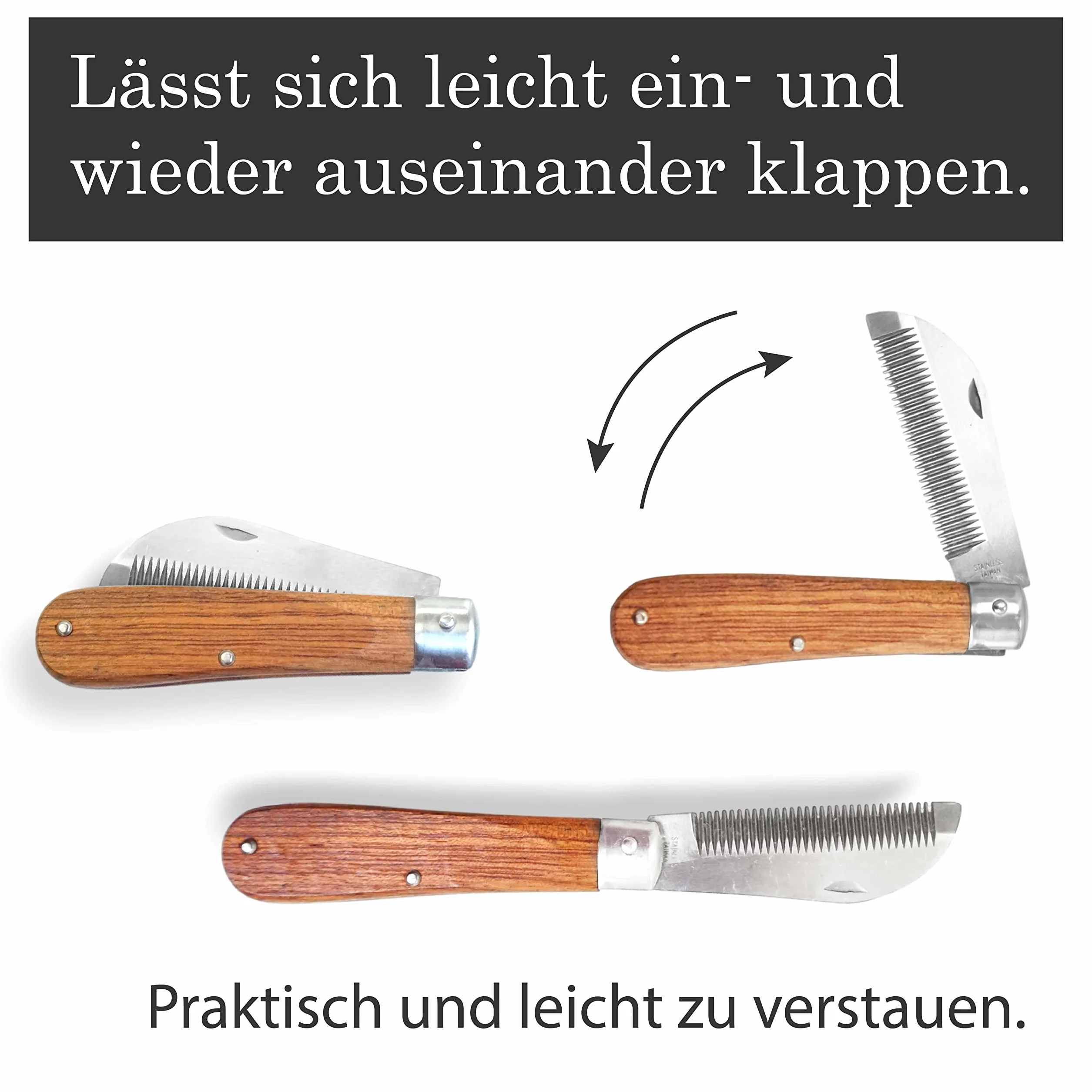 Pferdelinis Coltello da criniera per cavalli, lunghezza 18 cm, pettine per criniera con manico in legno, pieghevole, in acciaio inox (2)