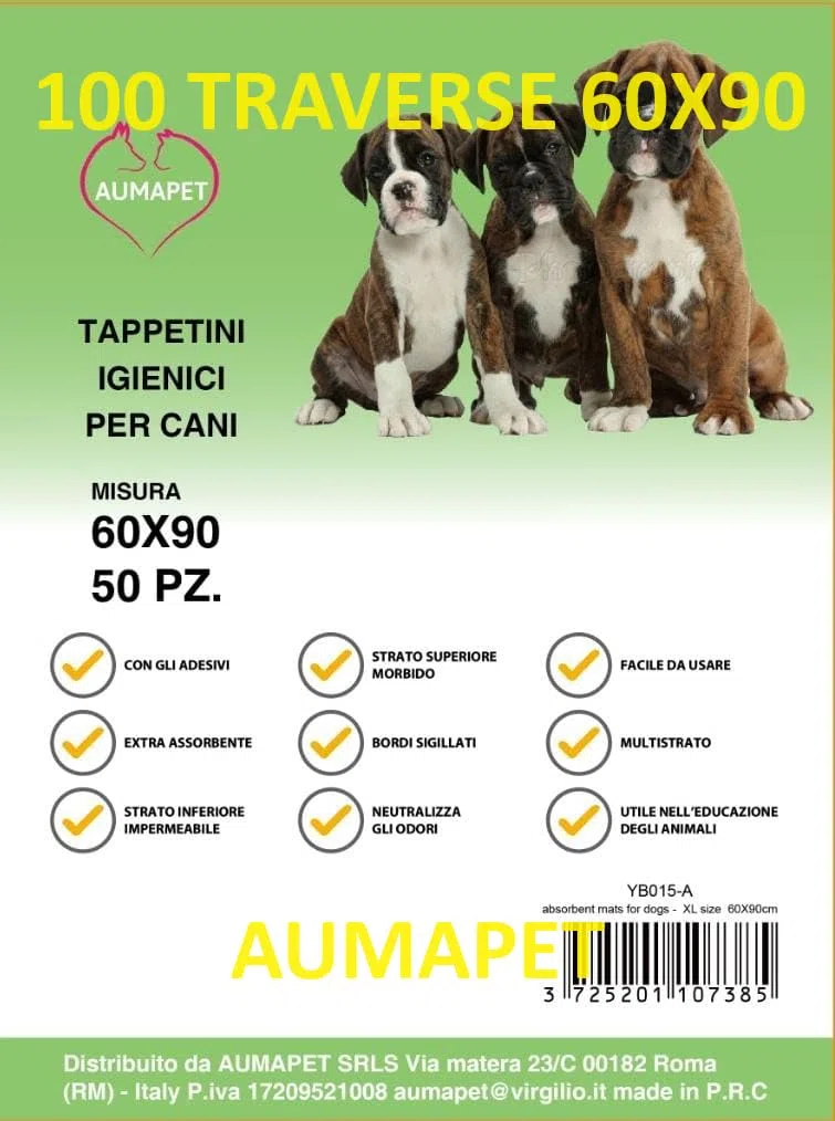 100 TAPPETINI ASSORBENTI PER CANI 60X90 TRAVERSE CANE AUMAPET PANNOLINI IGIENICI