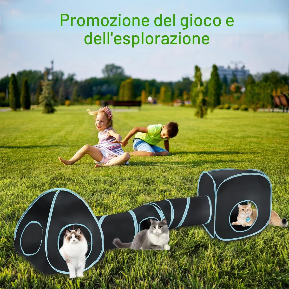 Tunnel per Gatti Casetta Portatile 3 in 1 Gioco Gatto,Tubo Interattivo Pieghevole per Gatti e Cubi per Divertimento,Esercizio e Gioco(Blu Nero)