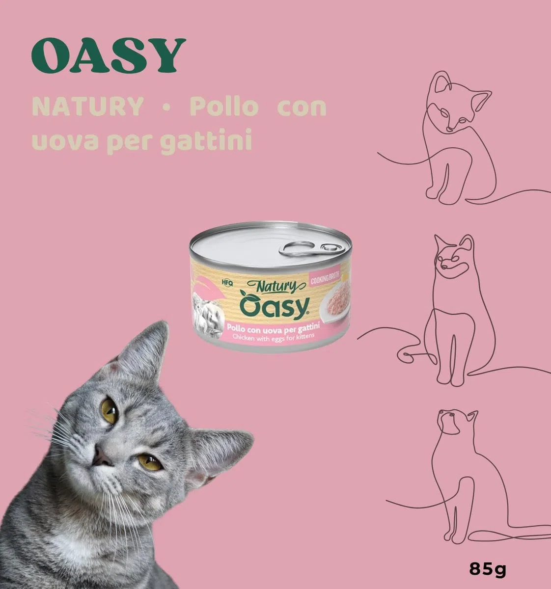 Oasy Umido Gatto Kitten Natury Cooking Broth gusto Pollo con Uova, morbidi sfilaccetti naturali in Brodo di Cottura per gattini di tutte le taglie e razze | 12 scatolette da 85 grammi l’una.