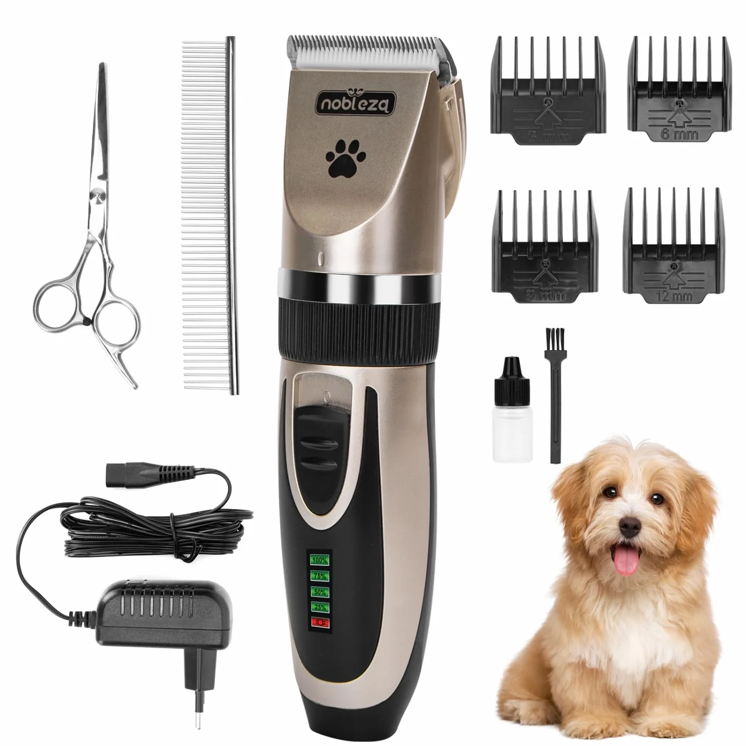 Nobleza - Tosatrice per Cani Kit Tosatrice per Cani Professionale Ricaricabile Grooming Clipper per Peli Spessi, Lunghi e Ricci, 2 Velocità Regolabili, Forbici e Pettine