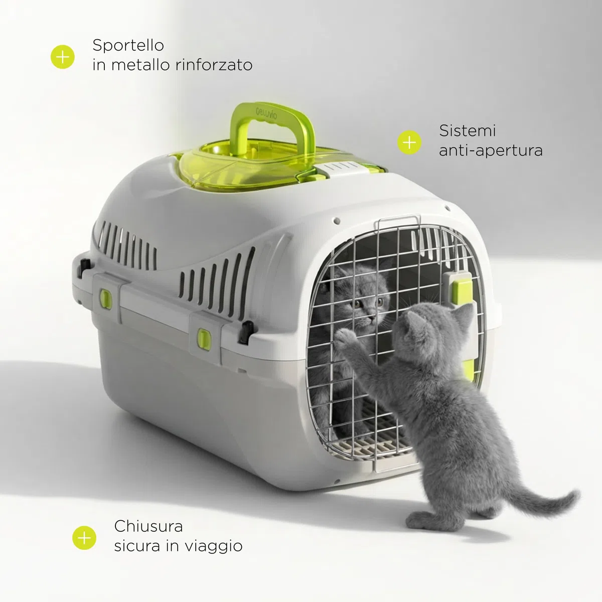 SAFY Trasportino Rigido per Gatti e Cani fino a 5 kg per Auto, Ventilato, Facile da Pulire, con Apertura Superiore per Controllo, Maniglia, Porta in Metallo con Doppia Sicura e Ciotola Inclusa