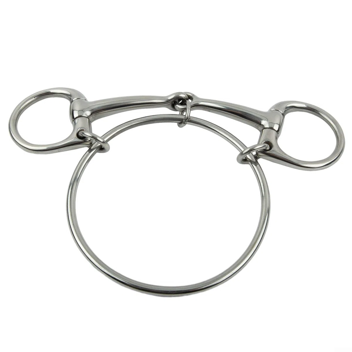 Morso per cavallo a mezza guancia realizzato in acciaio inossidabile con finitura liscia e punti di fissaggio funzionali ad anello