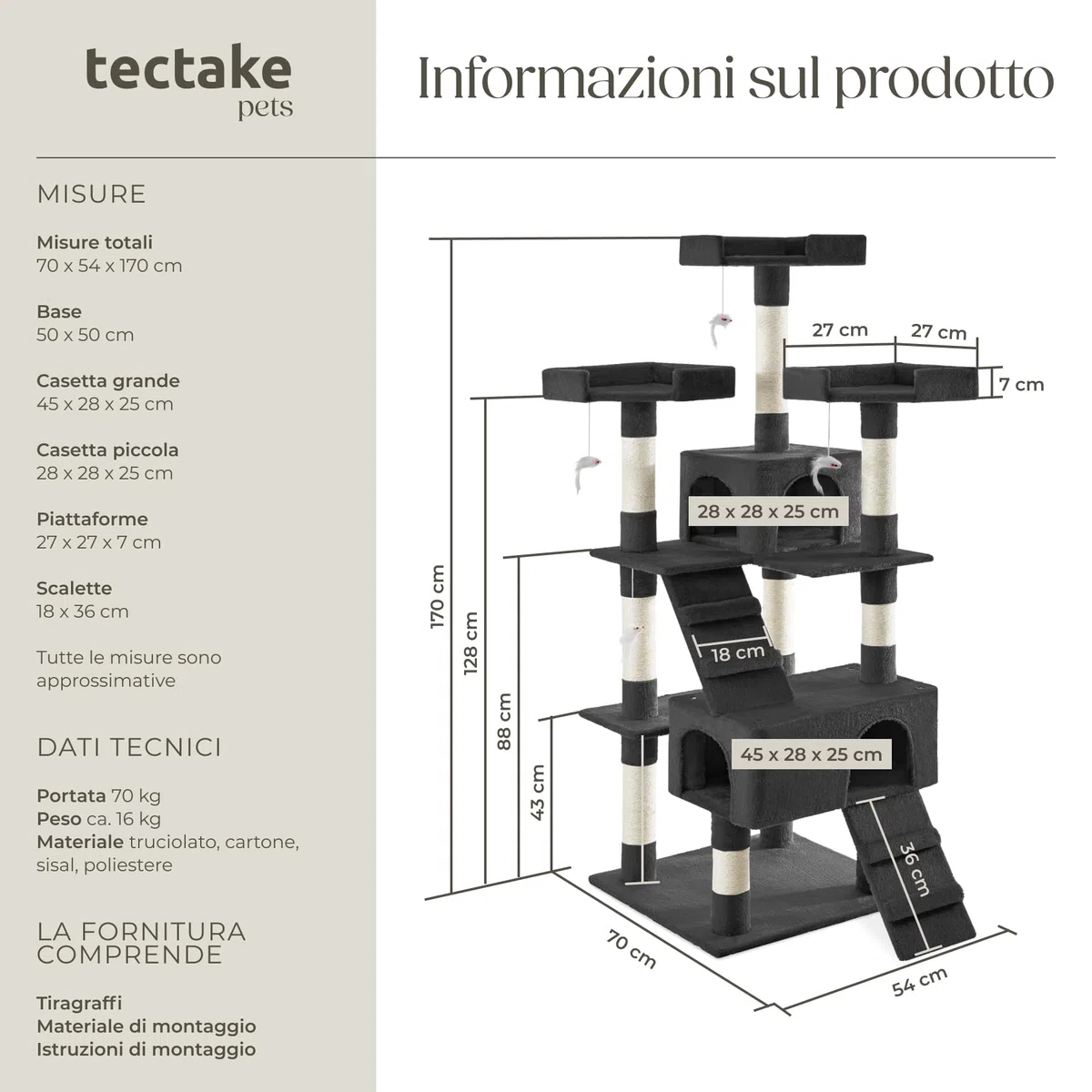 tectake® Tiragraffi per Gatti, Albero per Gatto con 2 Casette in Peluche, 4 Topolini da Gioco per Felini, 3 Piattaforme, Struttura Robusta, Tiragraffi felino a più Piani - Nero