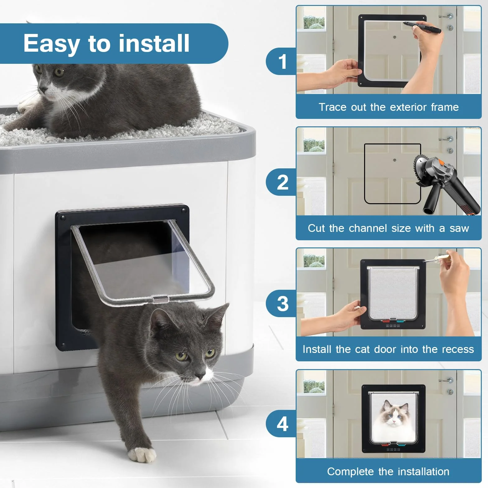 Roxanex Gatto Porta Porta scorrevole di sicurezza per animali domestici con serratura a 4 vie, gattaiola resistente alle intemperie per porta interna esterna, finestra a muro (Nero, L)