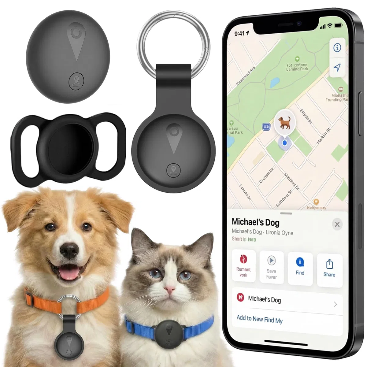 Collar GPS per Gatti e Cane, Tracciatore Senza Costi Mensili, Compatibile con iOS/Android, Tracciamento in Tempo Reale, Impermeabile IP67, Batteria a Lungo Durata, Nero