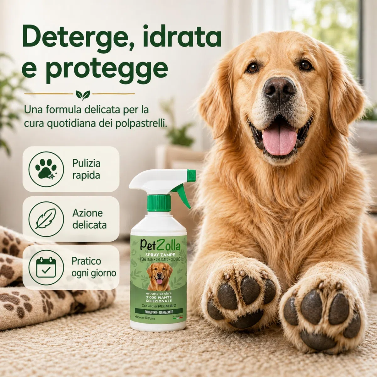 Spray pulisci zampe cane naturale e delicato 750ml, Lava zampe per cani senza risciacquo con olio di neem, argan e timo, azione idratante e protettiva - Made in Italy