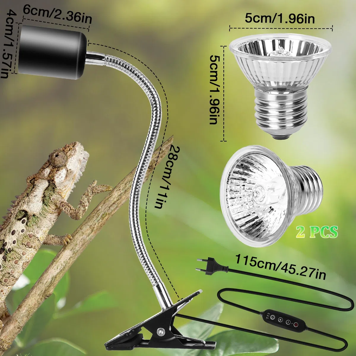 LURICO Lampada uvb Tartarughe, Lampada Rettile e Anfibio con 2 Lampadine UVA UVB, Interruttore Timer Regolabile, Lampadina Riscaldante con Morsetto Rotante a 360 ° per Tartarughe Rettili Lucertole