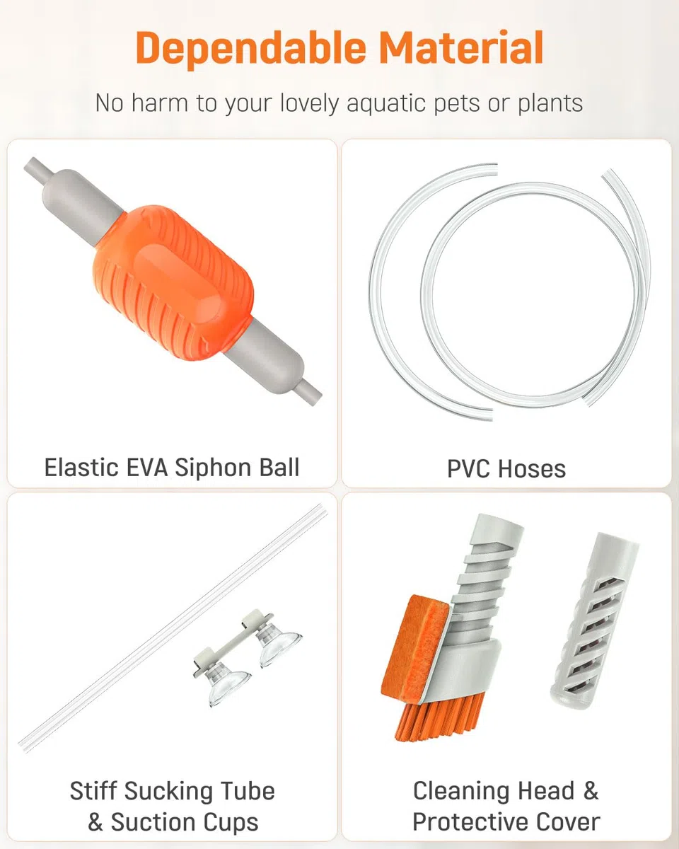 Pawfly Kit Pulitore Acquario, Sifone per Cambio Acqua con Tubo Lungo e Spazzola, Aspirapolvere Manuale per Ghiaia, Lavasabbia per Acquari da 38L