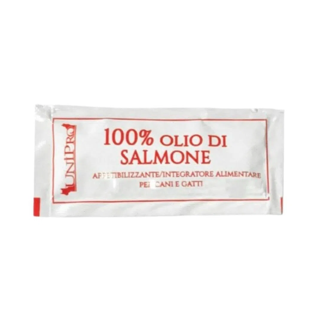 Olio Di Salmone Appetizzante per Cani e Gatti, alimento per cani e gatti adulti e cuccioli di tutte le razze con poco appetito | 10 bustine da 10ml l’una.