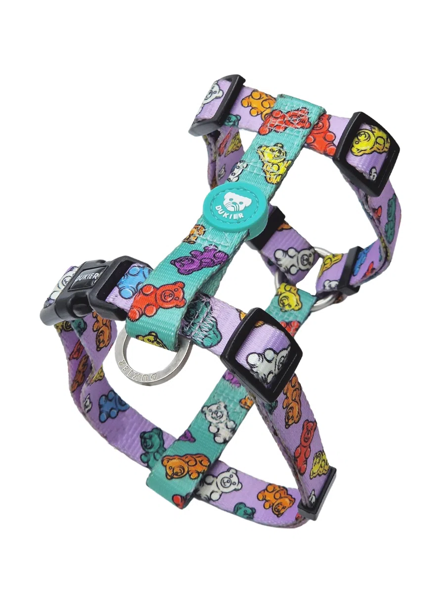 DUKIER - Pettorina Classica per Cani, Gilet Antitrazione, Regolabile e a Forma di H per Animali, Omologata, con Chiusura di Sicurezza a 4 Punti, Design Gummy Bears con Stampa Doppia, Taglia S