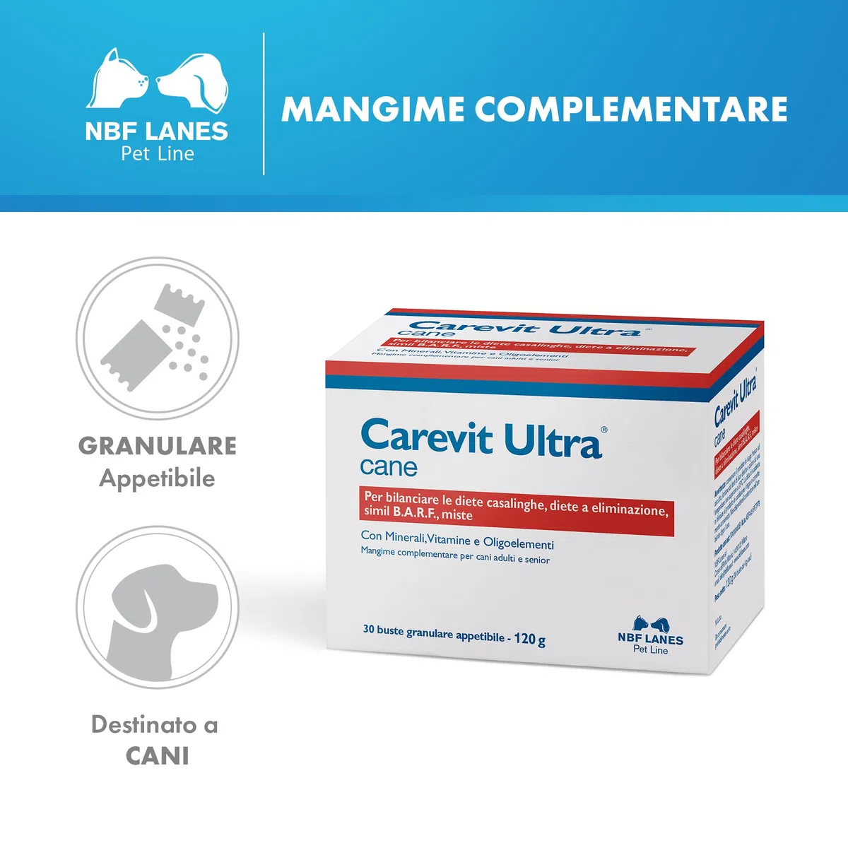 NBF Lanes | Carevit Ultra Cane, 30 Buste da 4 g, Granulare Appetibile, per Bilanciare le Diete Casalinghe, Diete a Eliminazione, Simil B.A.R.F., Diete Miste