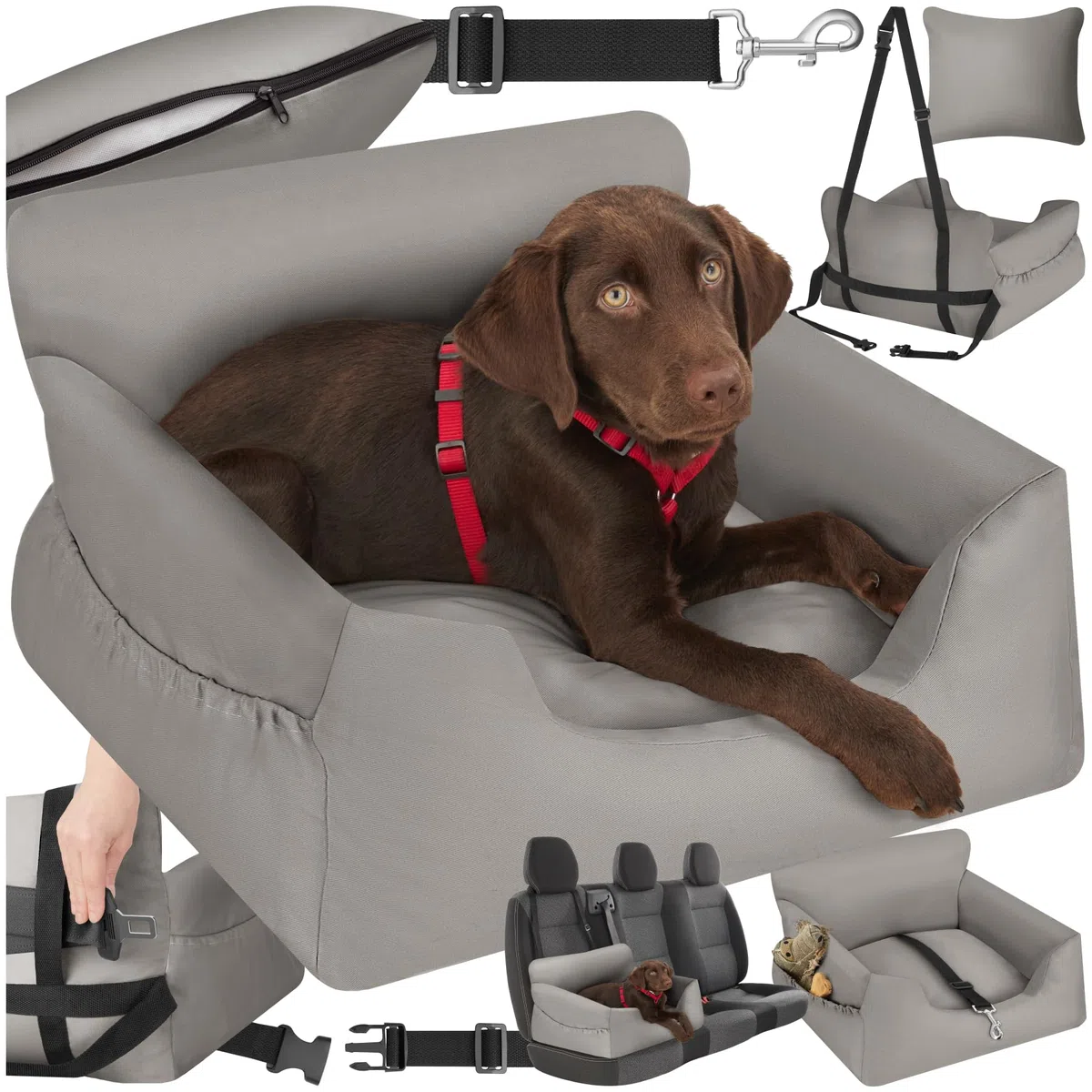 tectake® Seggiolino Auto per Cani Imbottito, Trasportino per Cani con Guinzaglio di Sicurezza, Cinghie di Fissaggio Regolabili, Rivestimento Lavabile, Compatibile con Tutti i Veicoli - Grigio