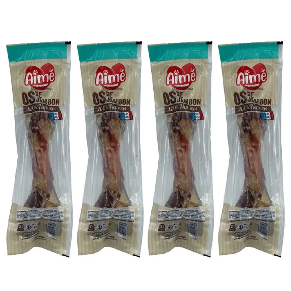 Aimé - Ossa per cane al prosciutto - Confezione da 4 - Ossa da masticare per cane al 100% naturale e dolcetto per tutte le razze e tutte le età - premio