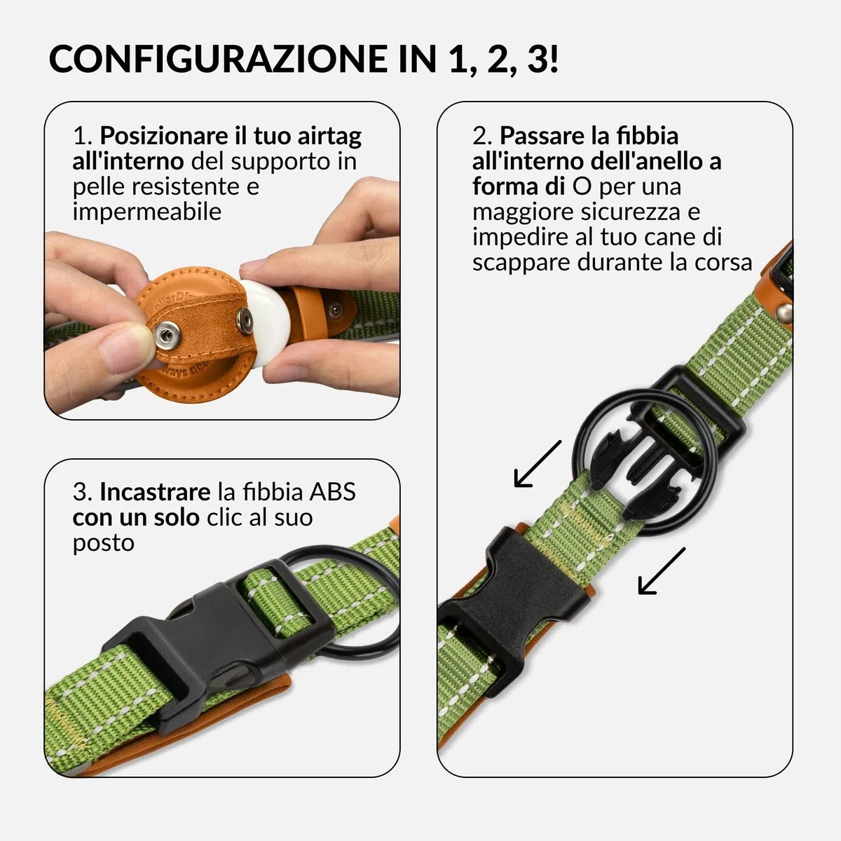 Collare Airtag cane, CollarDirect, Collare riflettente per Apple Air Tag per cani di taglia grande, media e piccola, Verde, Taglia L