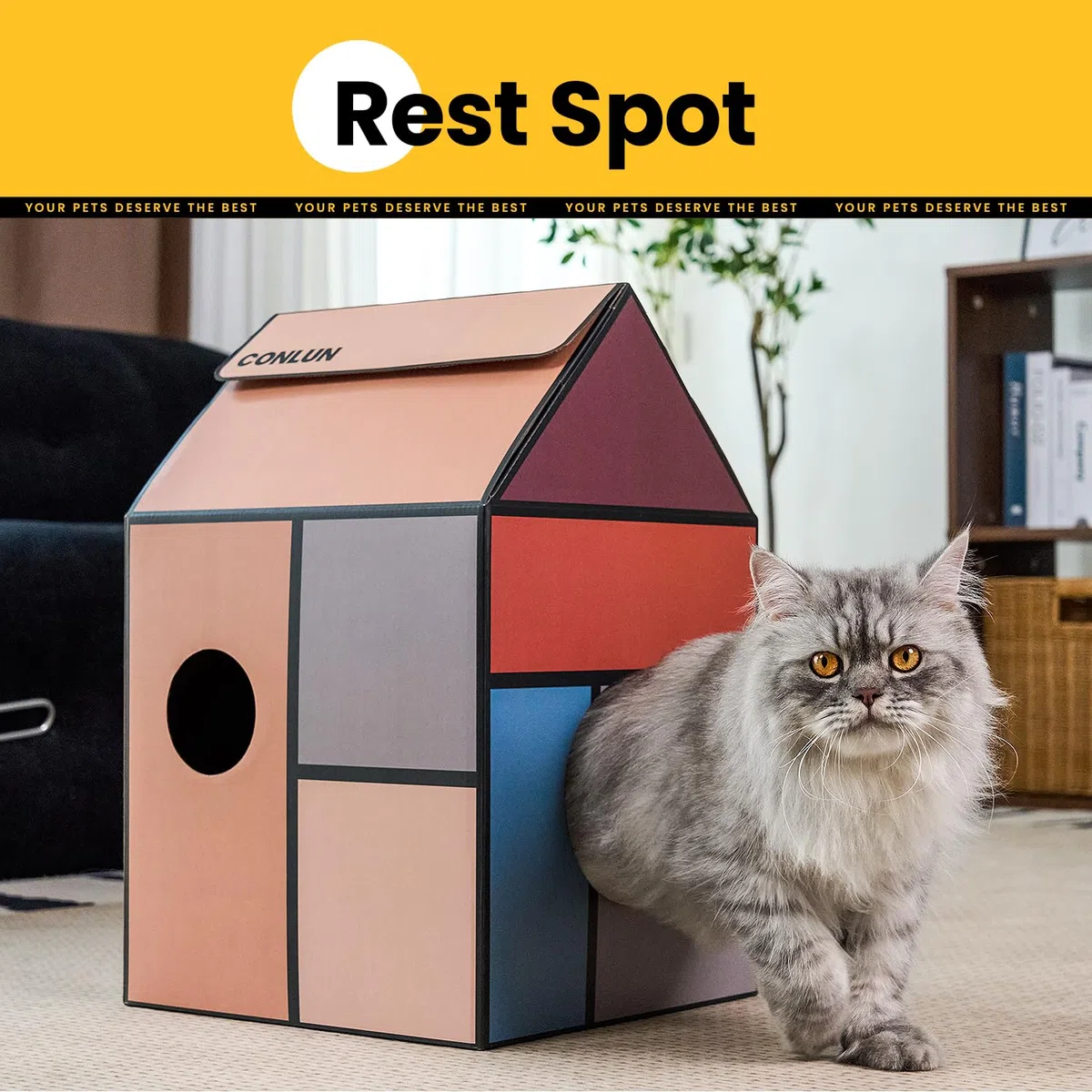 Conlun Cuccia Gatto in Cartone con Tiragraffi per Gatti & Catnip, Casa per Gatti in Cartone Facile da Montare, Adatta a Decorazioni Domestiche, Tiragraffi Gatto Domestici e Piccoli Animali, Medio
