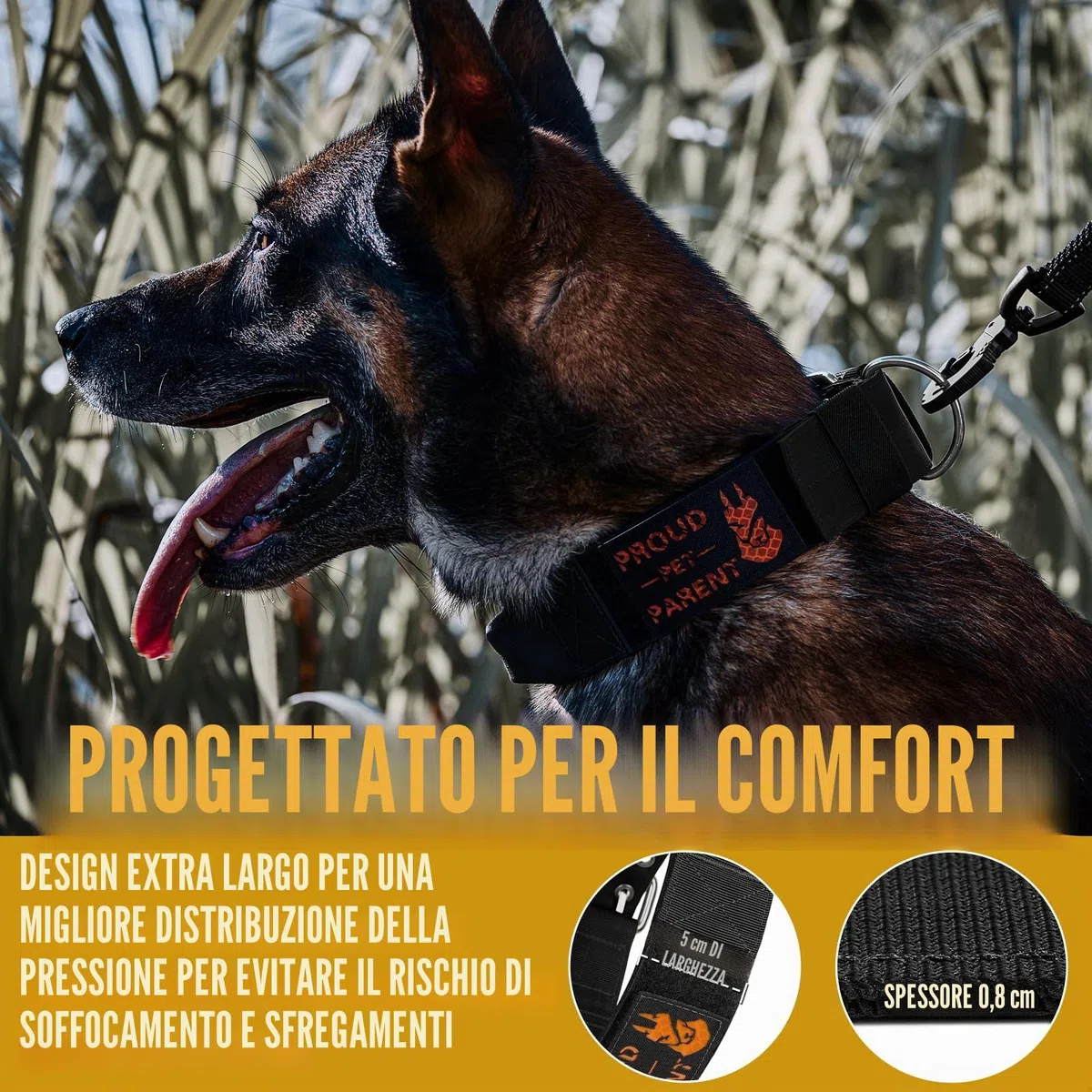 OneTigris Collare per cane largo 5 cm, con manico e toppa per cani di grandi dimensioni, nero, taglia L