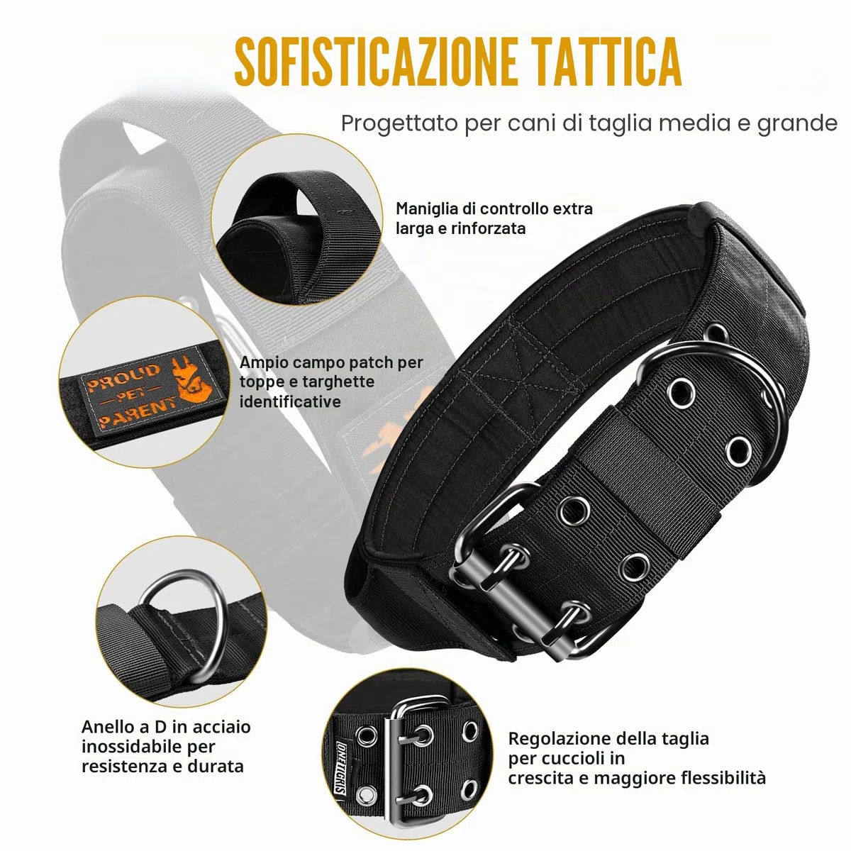 OneTigris Collare per cane largo 5 cm, con manico e toppa per cani di grandi dimensioni, nero, taglia L