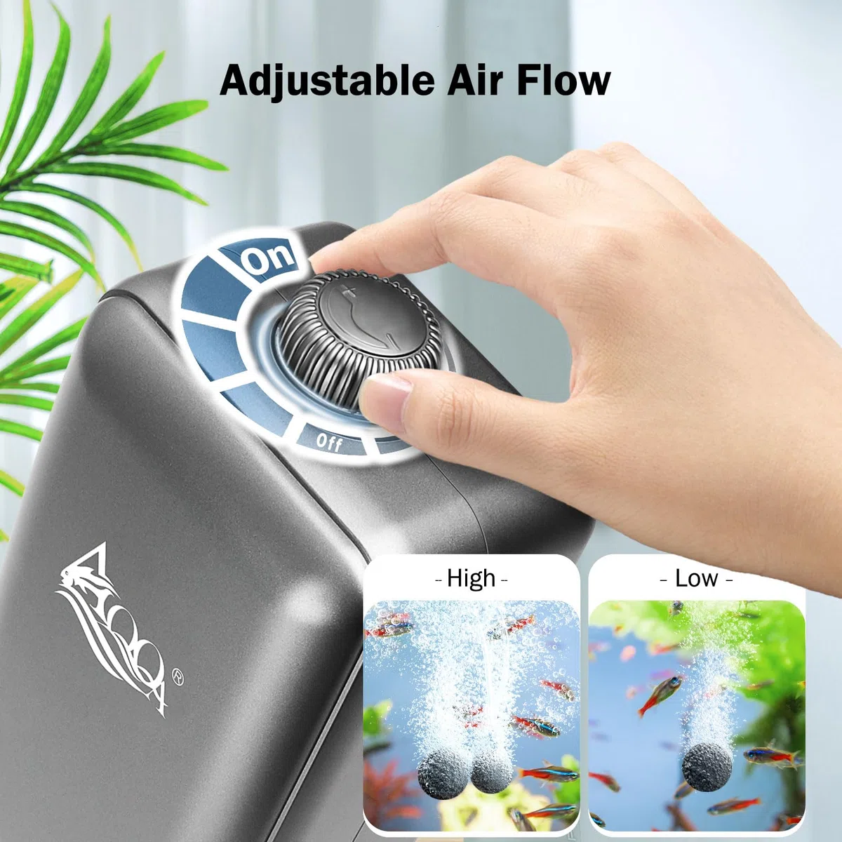 AQQA Ossigenatore per Acquario, ≤ 35dB Ultra-silenziosa Aeratore Acquario, 6W Pompa Aria per Acquario con Tutti Gli Accessori per Acquari da 10-380 Litri di Pesci