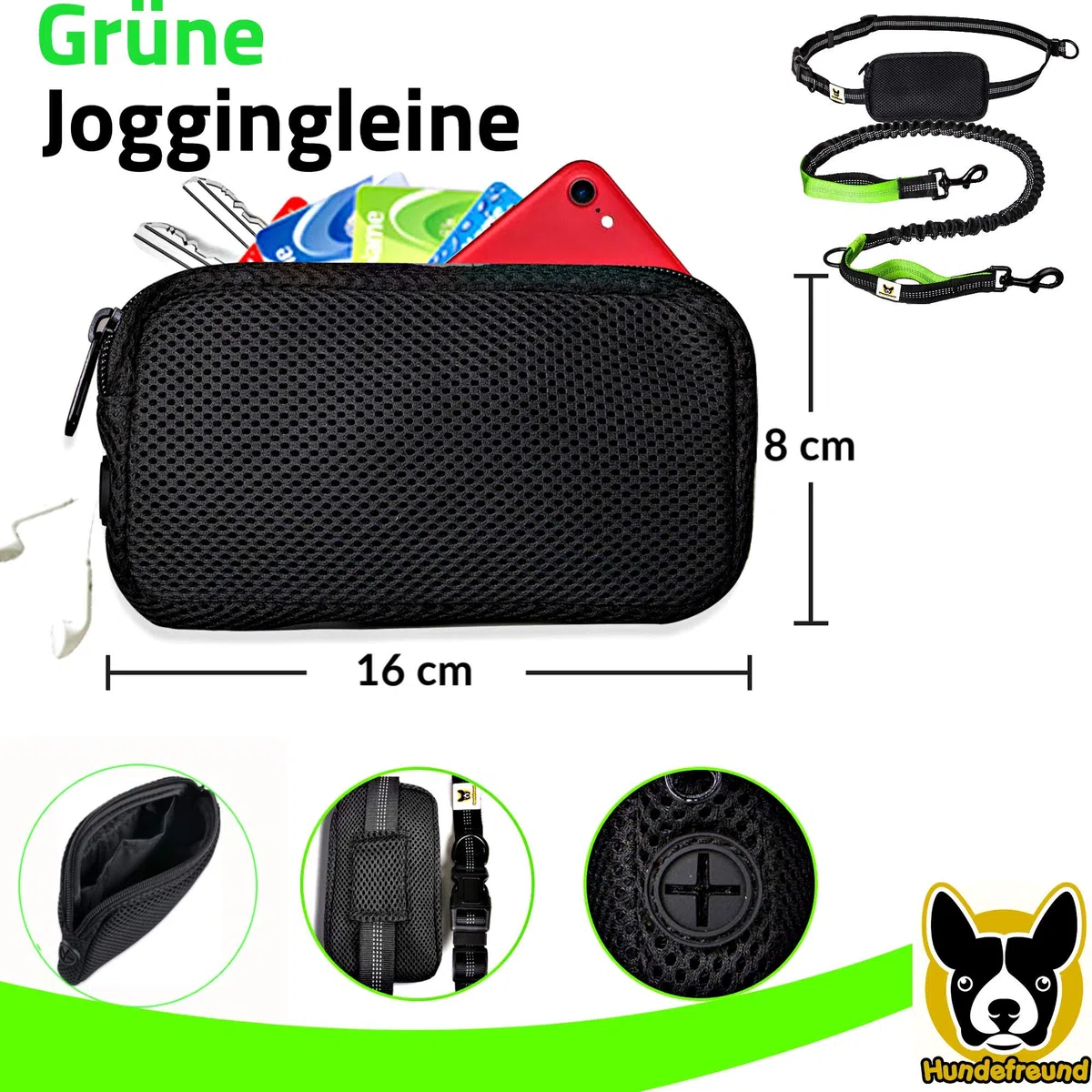 Guinzaglio da jogging | Per correre a mani libere, passeggiate ed escursioni | Corda di 120 cm (allungabile fino a 200 cm) con cintura in vita regolabile in nylon resistente allo strappo e con marsupio rimovibile
