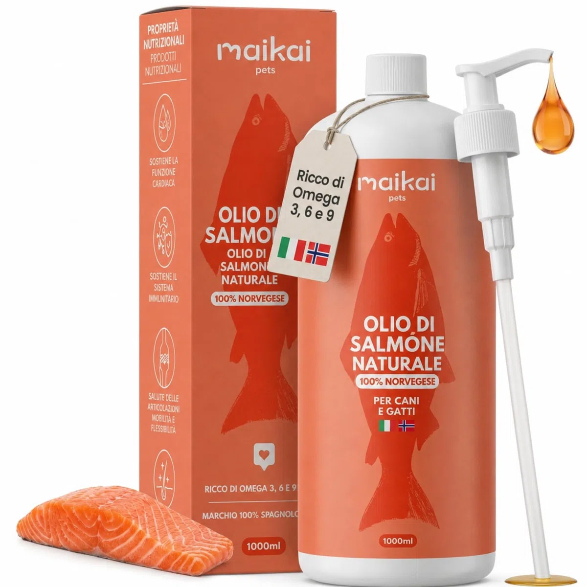 MAIKAI Olio di Salmone per Cani e Gatti 100% Naturale Norvegese 1LRicco di Omega 3 6 e 9 Migliora Pelle e Pelo - Supporta Articolazioni e Sistema Immunitario - Appetizzante Naturale per Animali