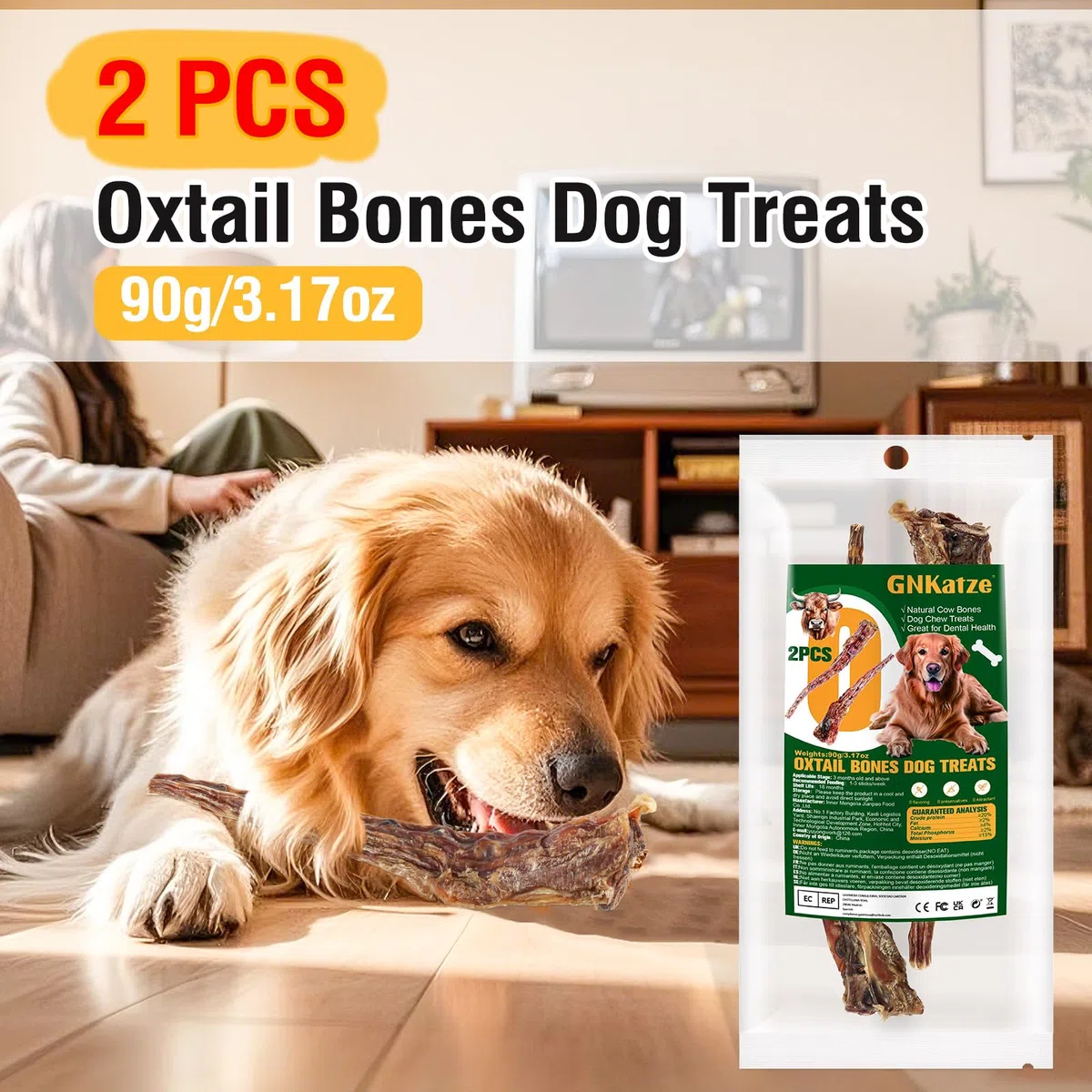 Ossi di coda di manzo naturali per cani - Masticatori dentali di lunga durata, privi di carne secca e digeribili, manzo allevato ad erba con un unico ingrediente (2 PCS)