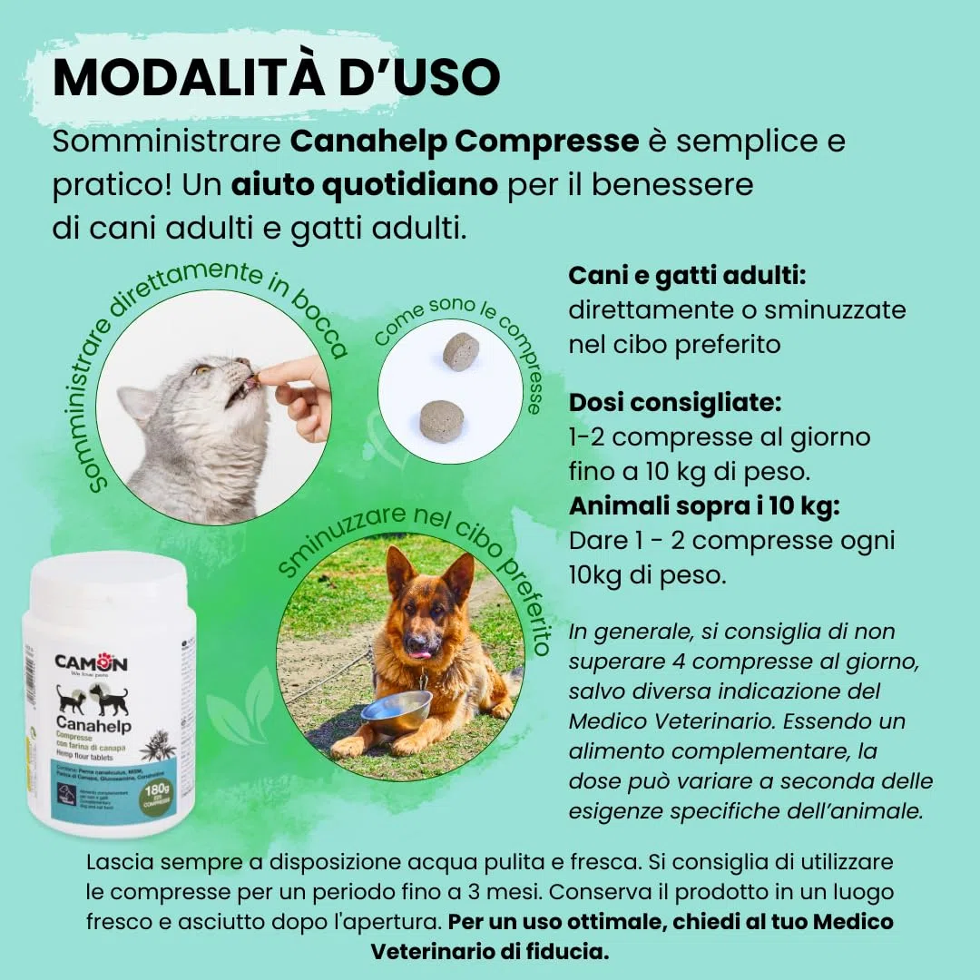 CAMON | Canahelp Compresse, Alimento Complementare per Cani e Gatti, Supporta la Crescita e il Mantenimento in Salute dell'Organismo, 225 Compresse da 180g