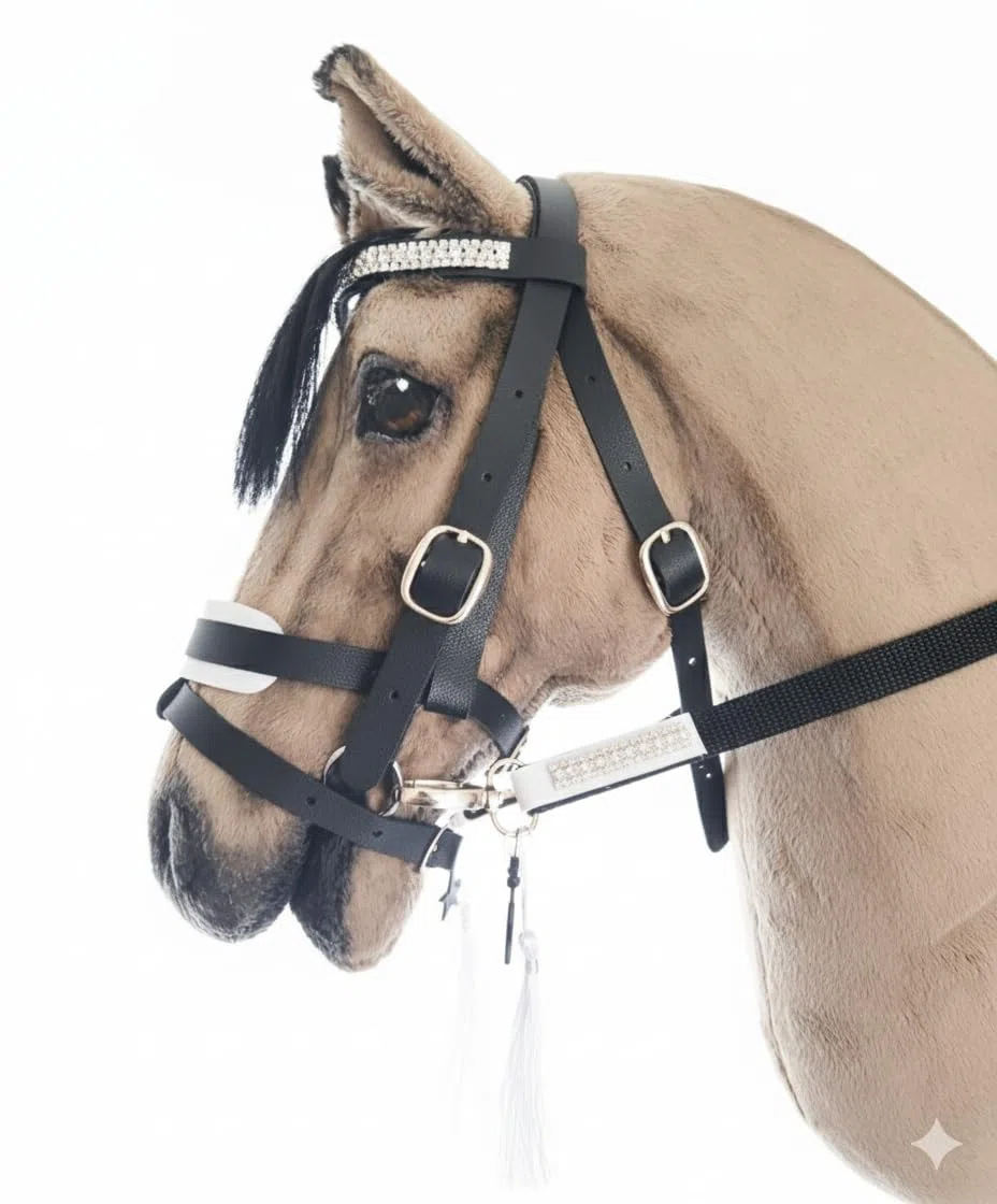 Briglia per hobby horse, finimenti imbottiti bianchi inclusi redini, accessori per hobbyhorsing, senza cavallo